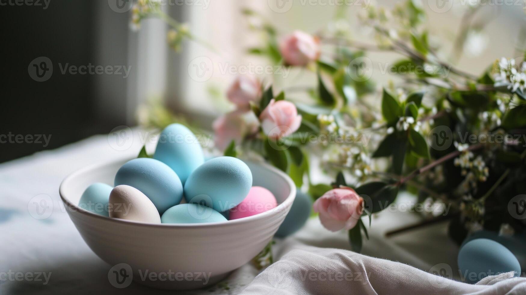 ai gegenereerd een wit kom gevulde met blauw en roze eieren zittend Aan top van een tafel De volgende naar een bundel van bloemen foto