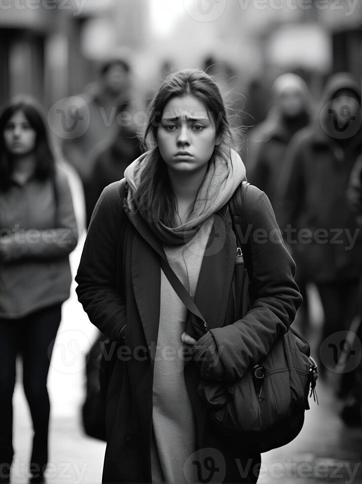 ai gegenereerd mentaal Gezondheid problemen, jong vrouw staat in menigte van mensen in een vaag en verdrietig humeur. foto