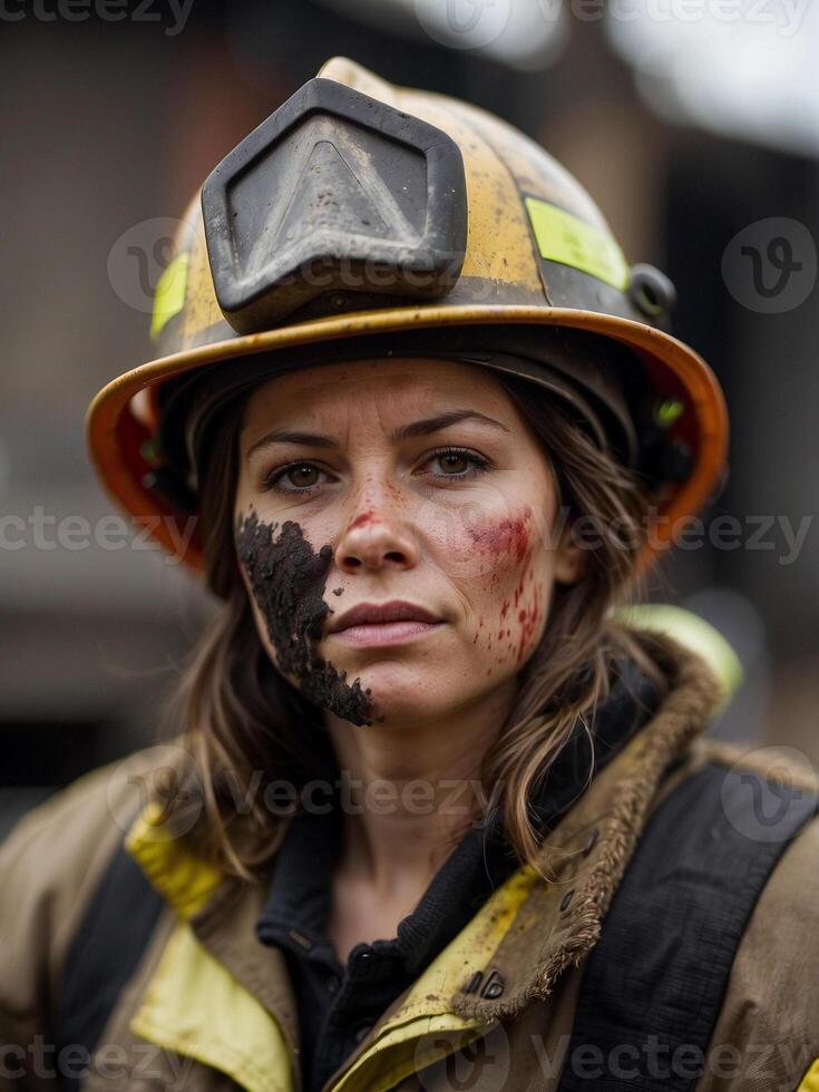 ai gegenereerd portret van een vrouw brandweerman het uitvoeren van haar plichten in een brand Oppervlakte. foto