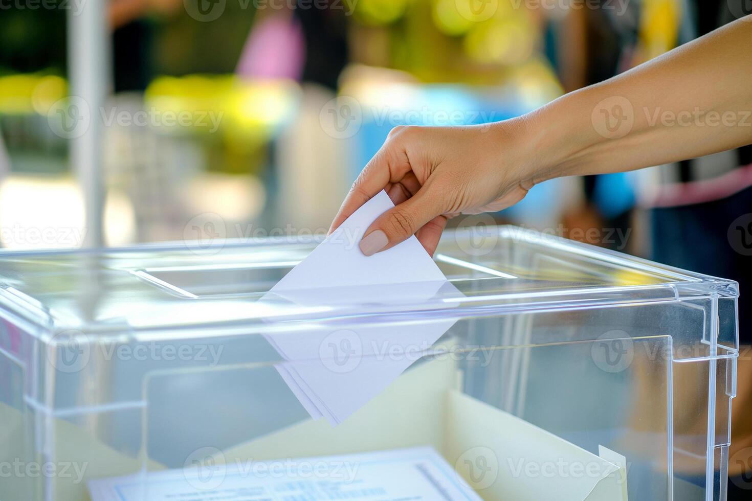 ai gegenereerd vrouw zetten stemmen papier in de stemming box.stemmen concept. foto