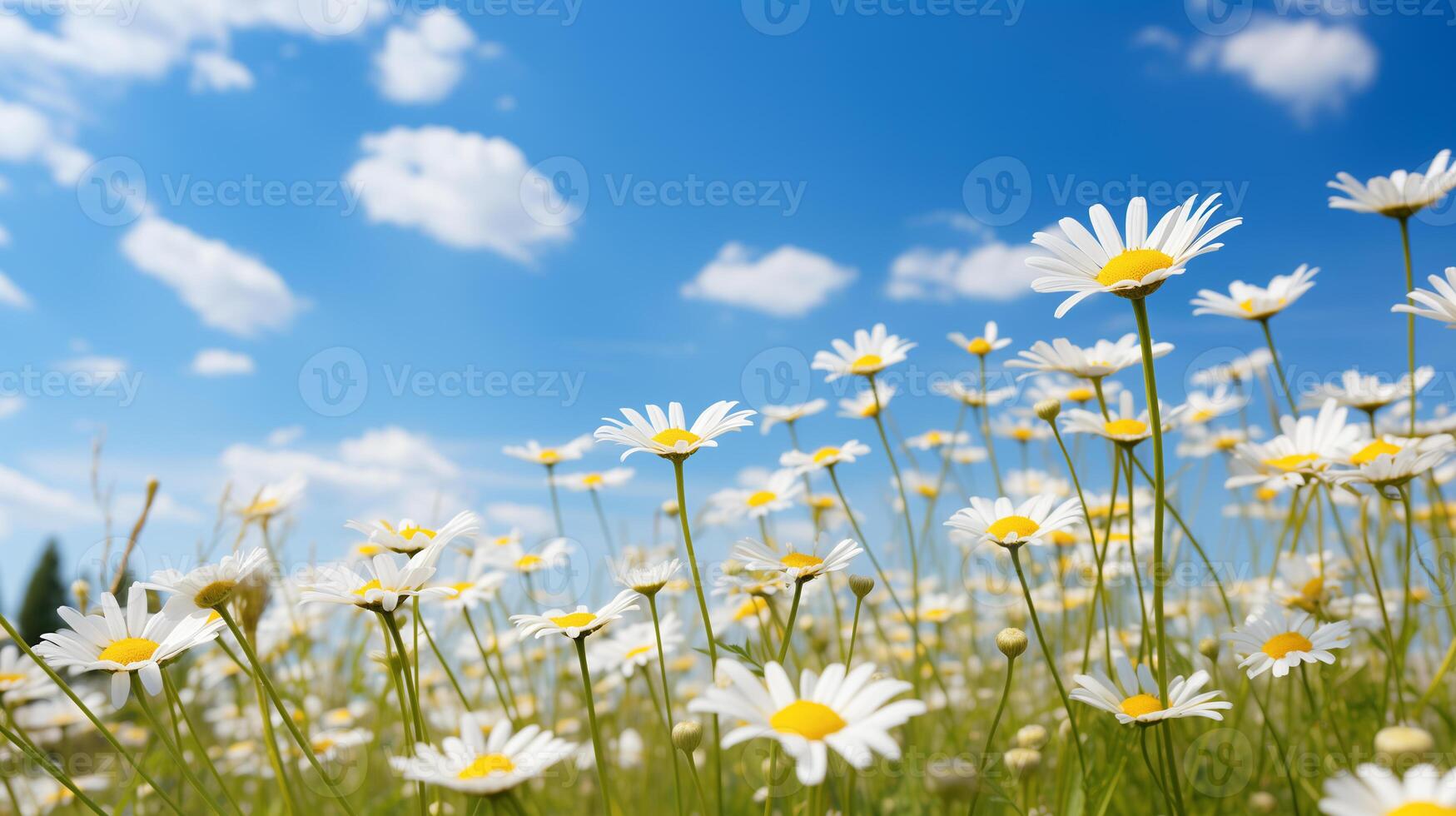 ai gegenereerd bloeiend weide van kamille en wilde bloemen, blauw lucht Aan een zonnig voorjaar dag, wazig achtergrond foto