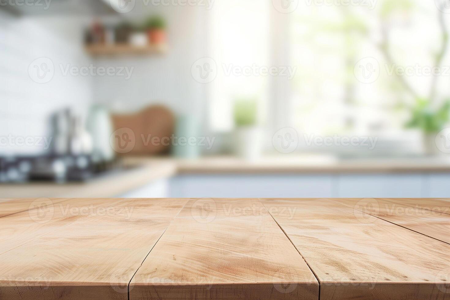 ai gegenereerd leeg hout tafel top en vervagen bokeh modern keuken interieur foto