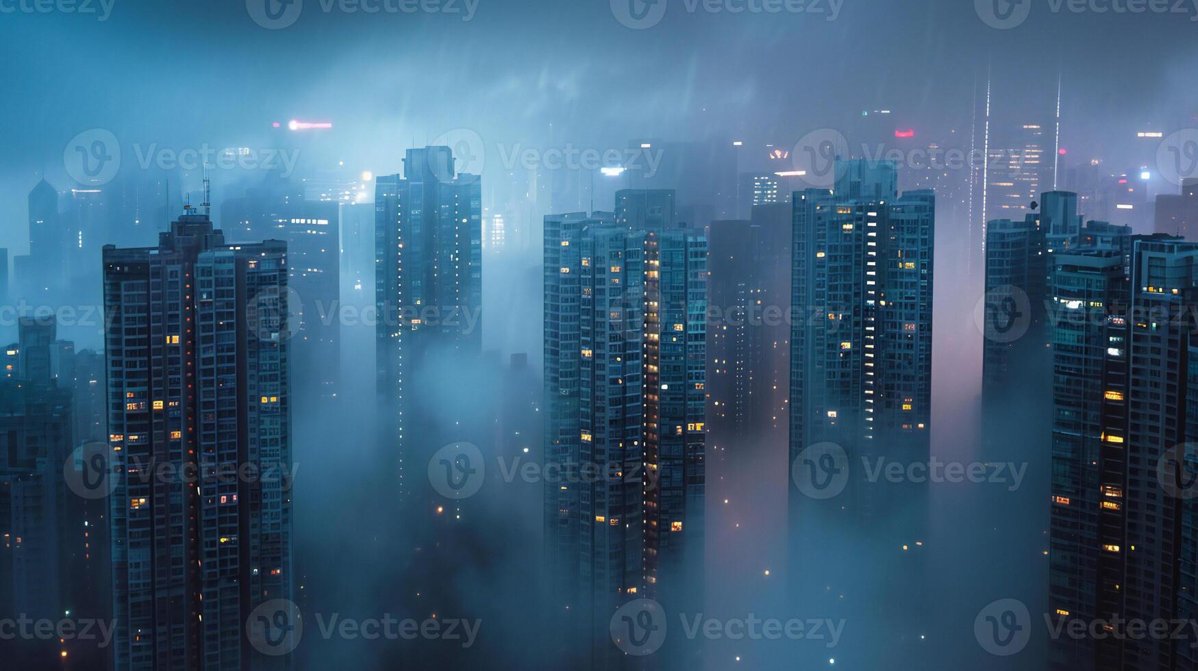 ai gegenereerd een stad horizon is gezien in de mist Bij nacht foto