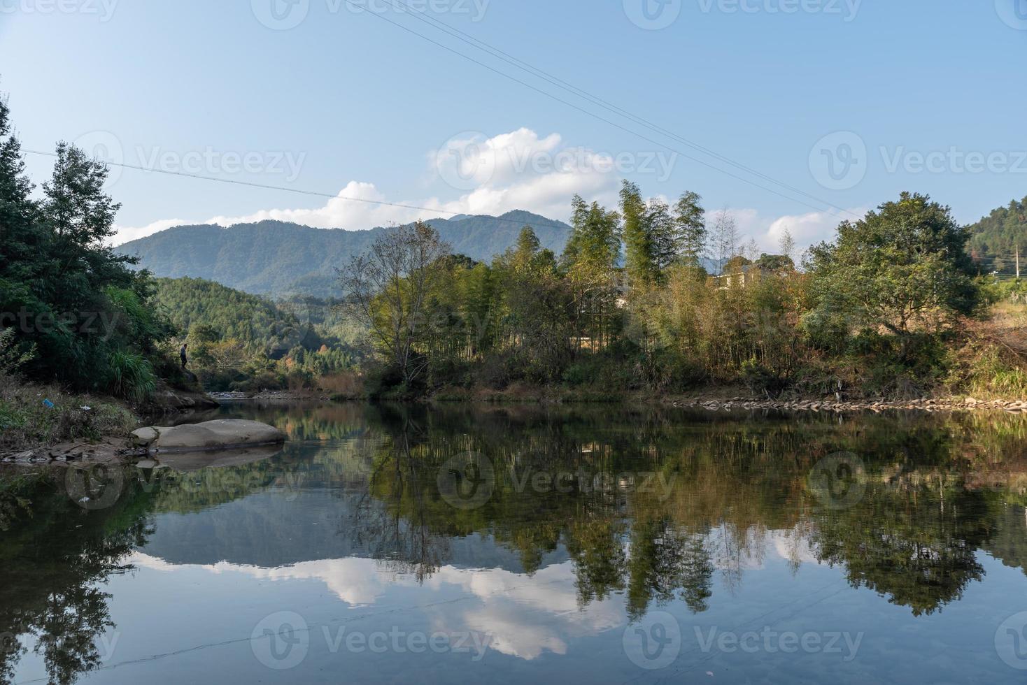 wilde bossen en stromend water op het platteland foto