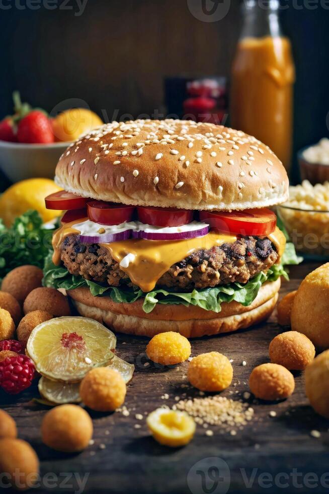 ai gegenereerd een heerlijk cheeseburger met vers toppings foto