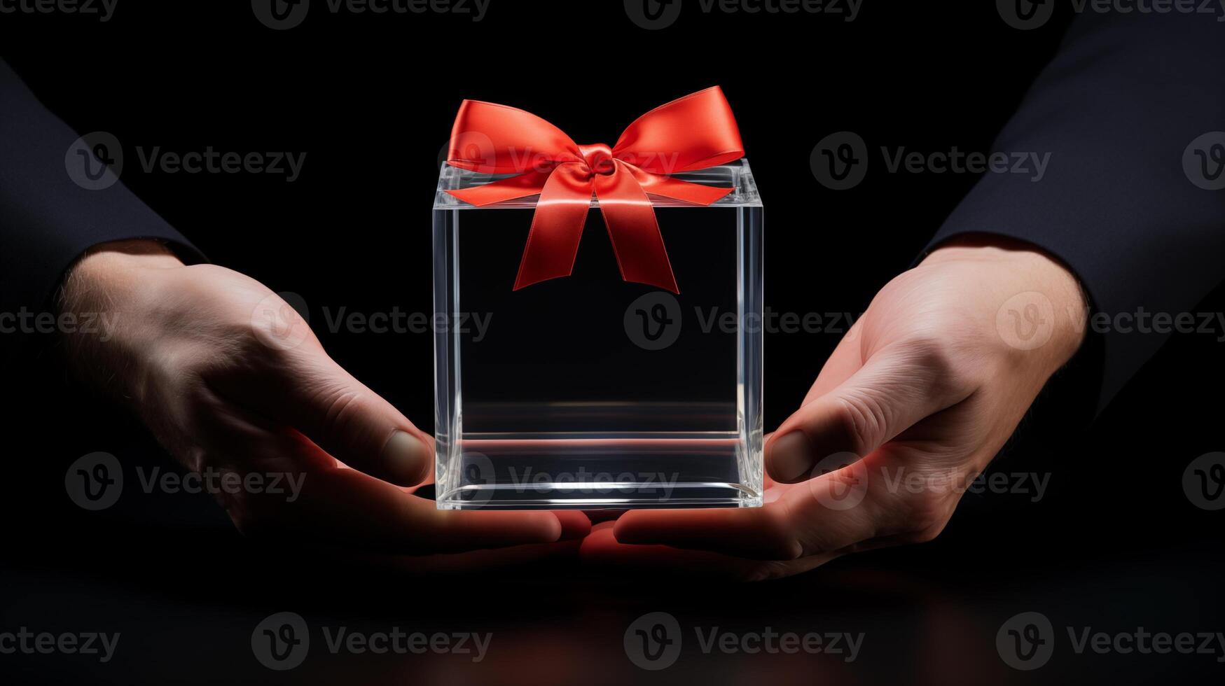 ai gegenereerd handen presenteren een geschenk doos met rood lint in een mysterieus gebaar foto