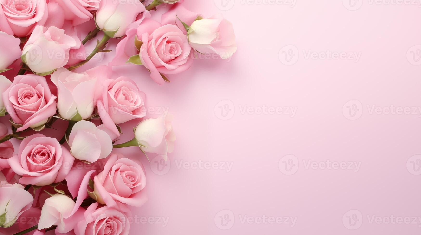 ai gegenereerd elegant roze roos grens Aan pastel roze achtergrond met kopiëren ruimte foto