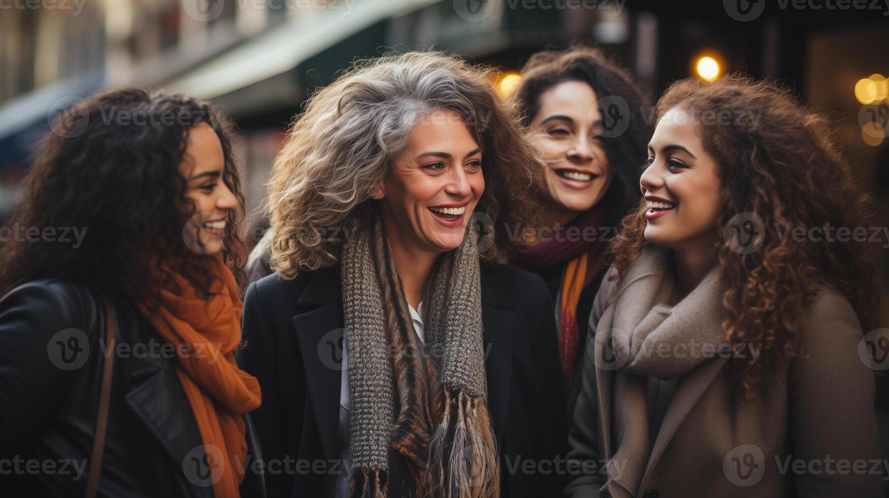 ai gegenereerd groep van vier Dames lachend samen Aan een stad straat foto