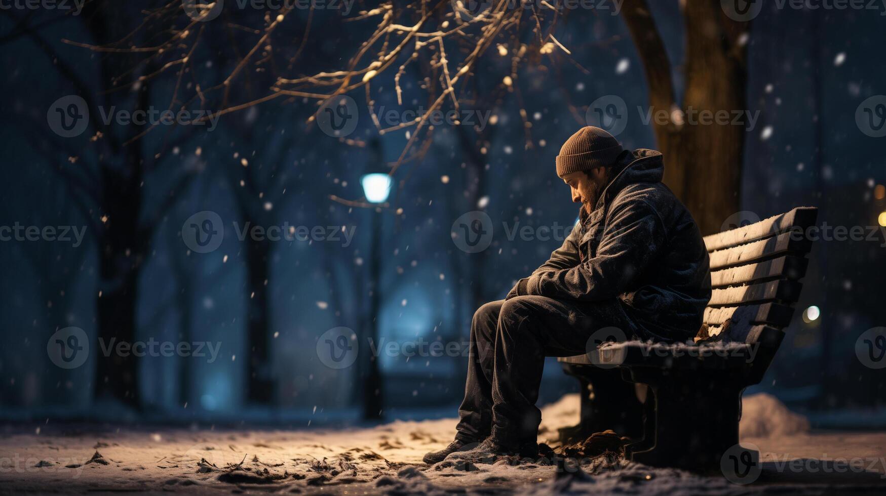 ai gegenereerd een Mens zit Aan een bank in een besneeuwd park Bij nacht. hij is vervelend een zwart jasje en hoed en is op zoek omlaag. sneeuwvlokken zijn vallend in de omgeving van hem. concept van dakloos, eenzaamheid. foto