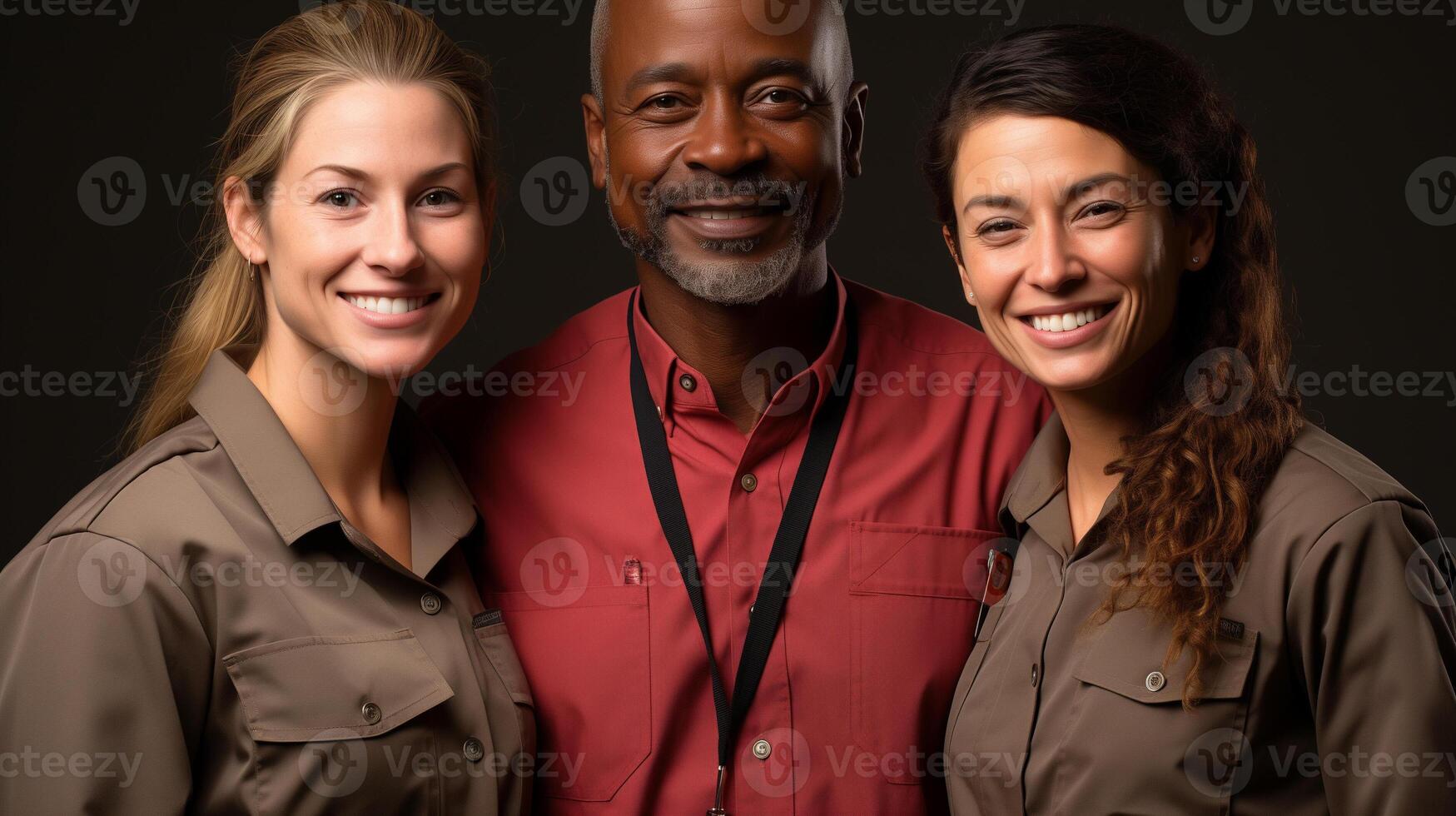 ai gegenereerd verschillend team van professionals glimlachen samen in uniform foto