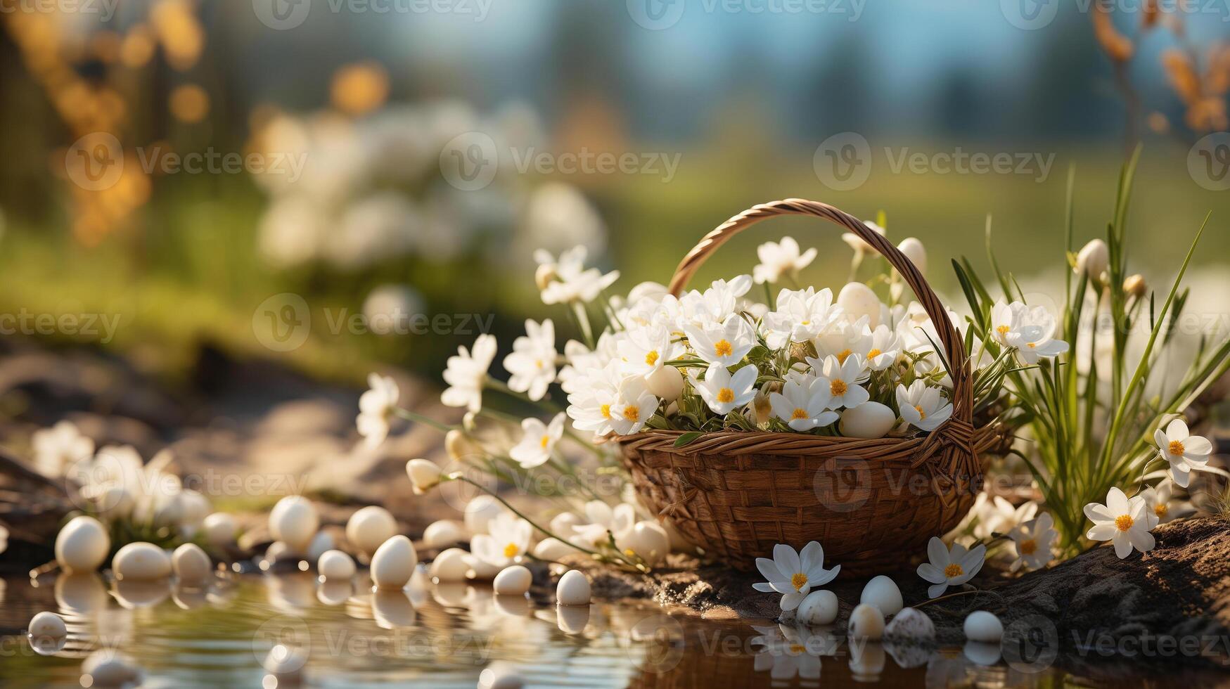 ai gegenereerd idyllisch Pasen instelling met mand van wit bloemen en eieren door water, perfect voor vakantie thema's foto