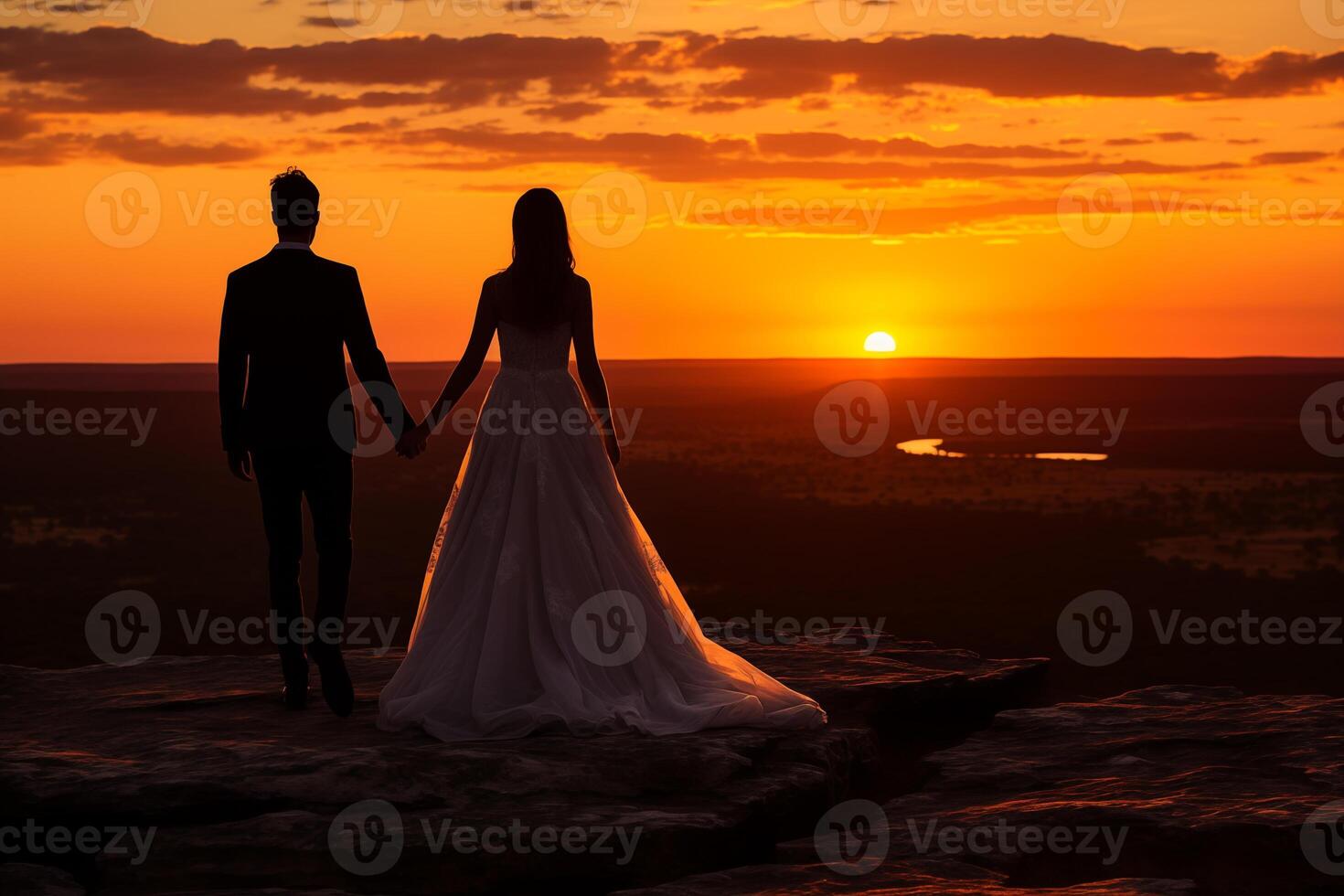 ai gegenereerd romantisch paar Bij zonsondergang, Kaukasisch bruid en bruidegom, ideaal voor bruiloft concepten foto