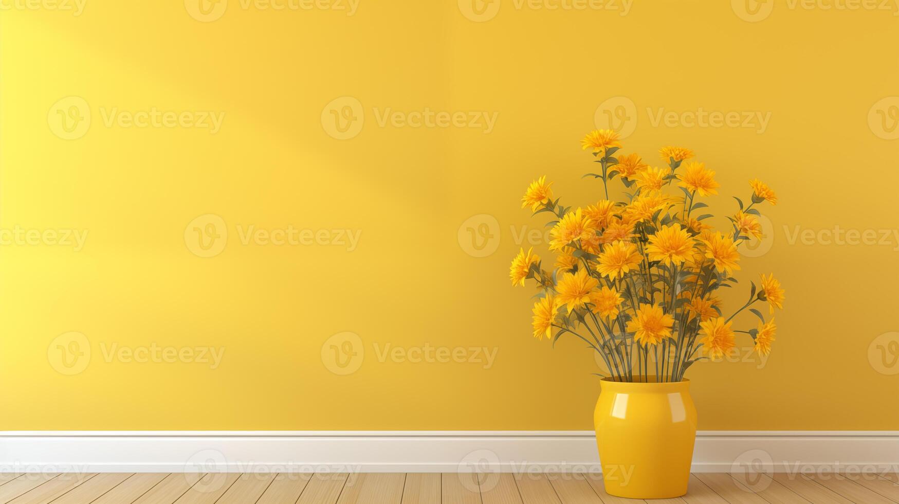 ai gegenereerd levendig geel kamer met vers goudsbloemen in een zonnig vaas foto