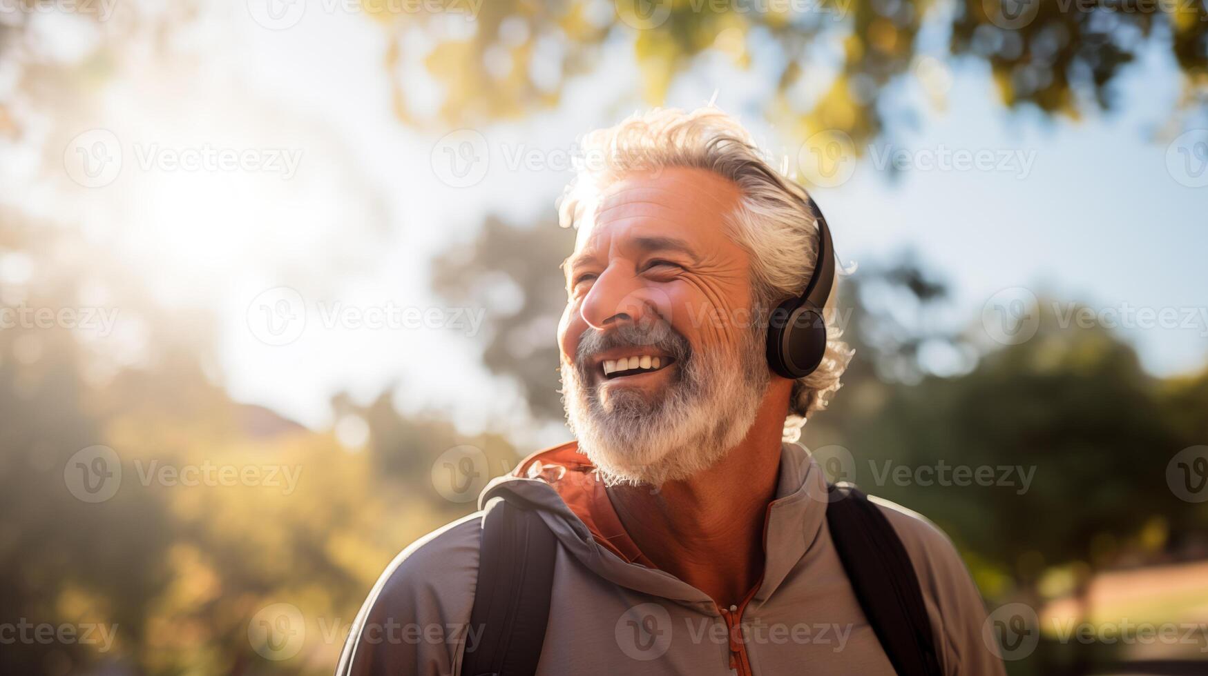 ai gegenereerd blij senior Kaukasisch Mens met hoofdtelefoons buitenshuis, ideaal voor levensstijl en muziek- thema's. foto