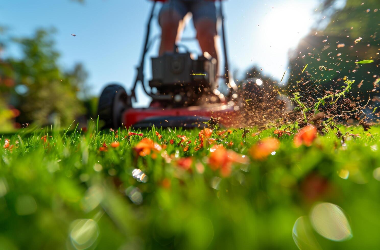 ai gegenereerd persoon gras met een gazon maaier foto