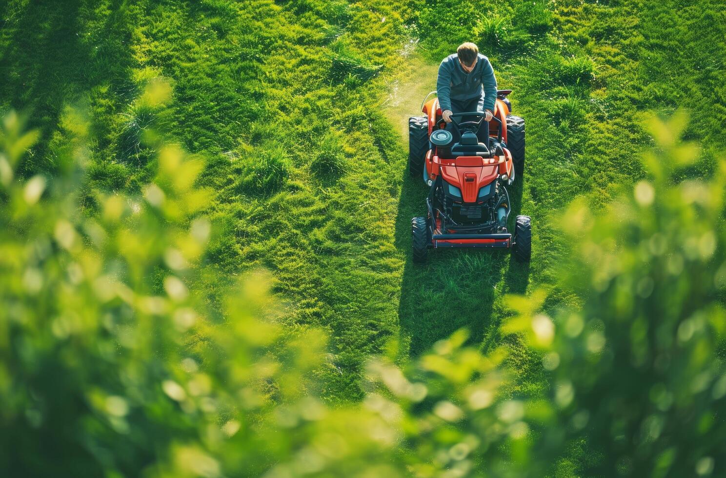 ai gegenereerd persoon gras met een gazon maaier foto