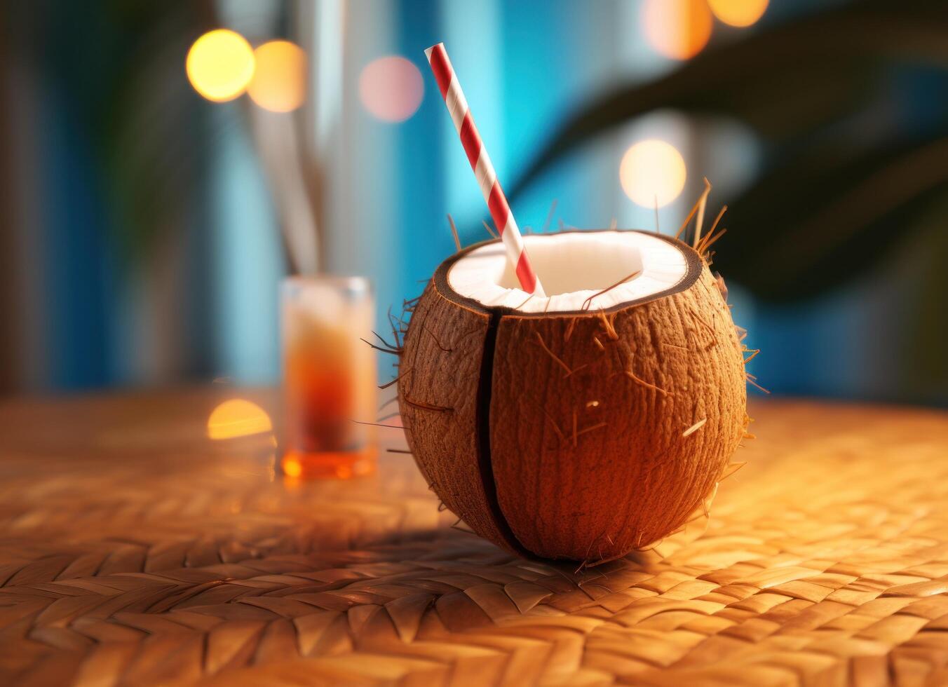 ai gegenereerd een kokosnoot drinken met een rietje Aan top zittend foto