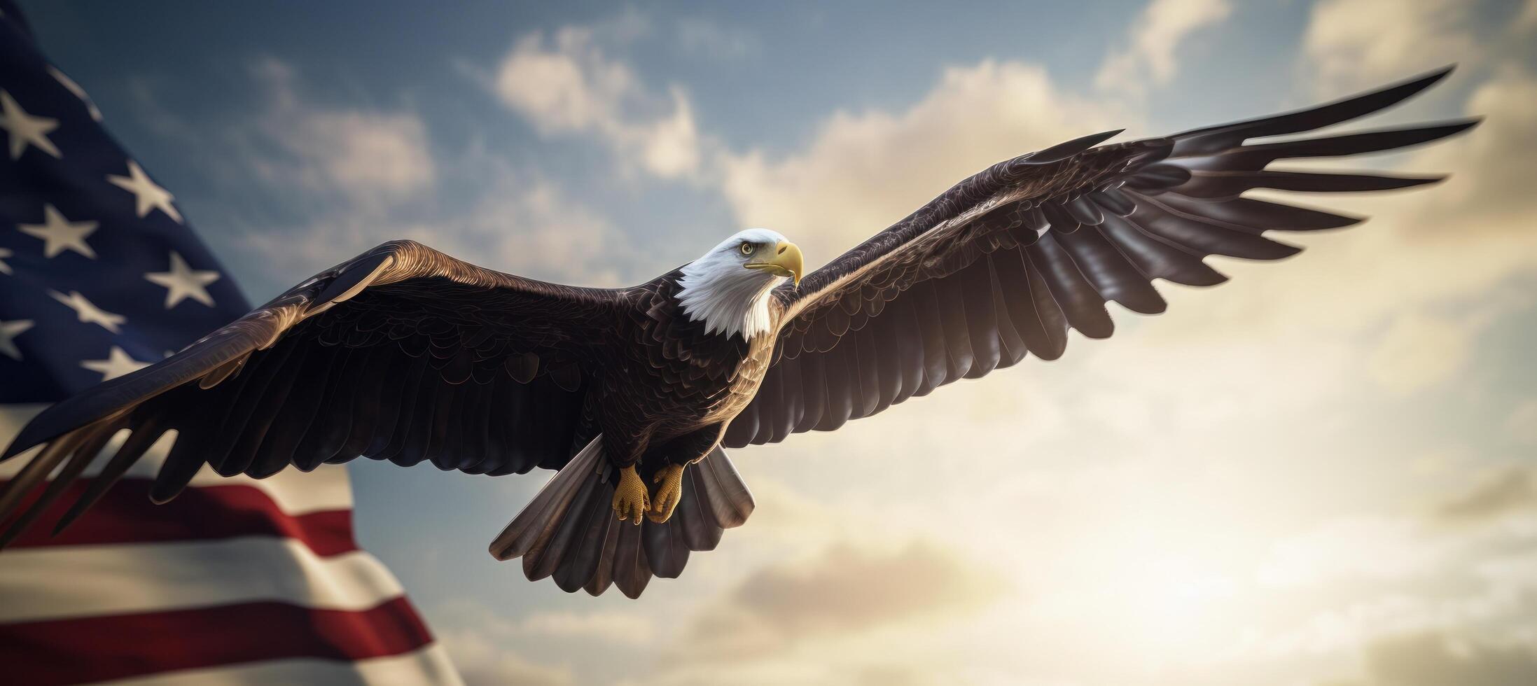 ai gegenereerd Amerikaans kaal adelaar vliegend met een vlag in de achtergrond foto