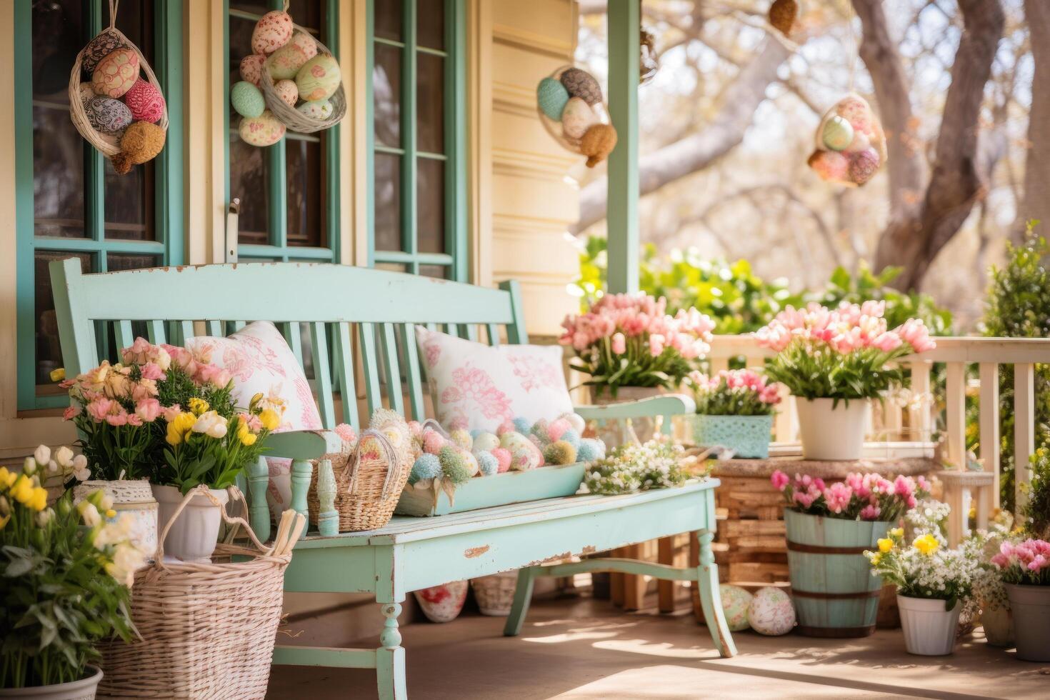 ai gegenereerd vreemd land veranda versierd met hand geschilderd houten Pasen tekens foto