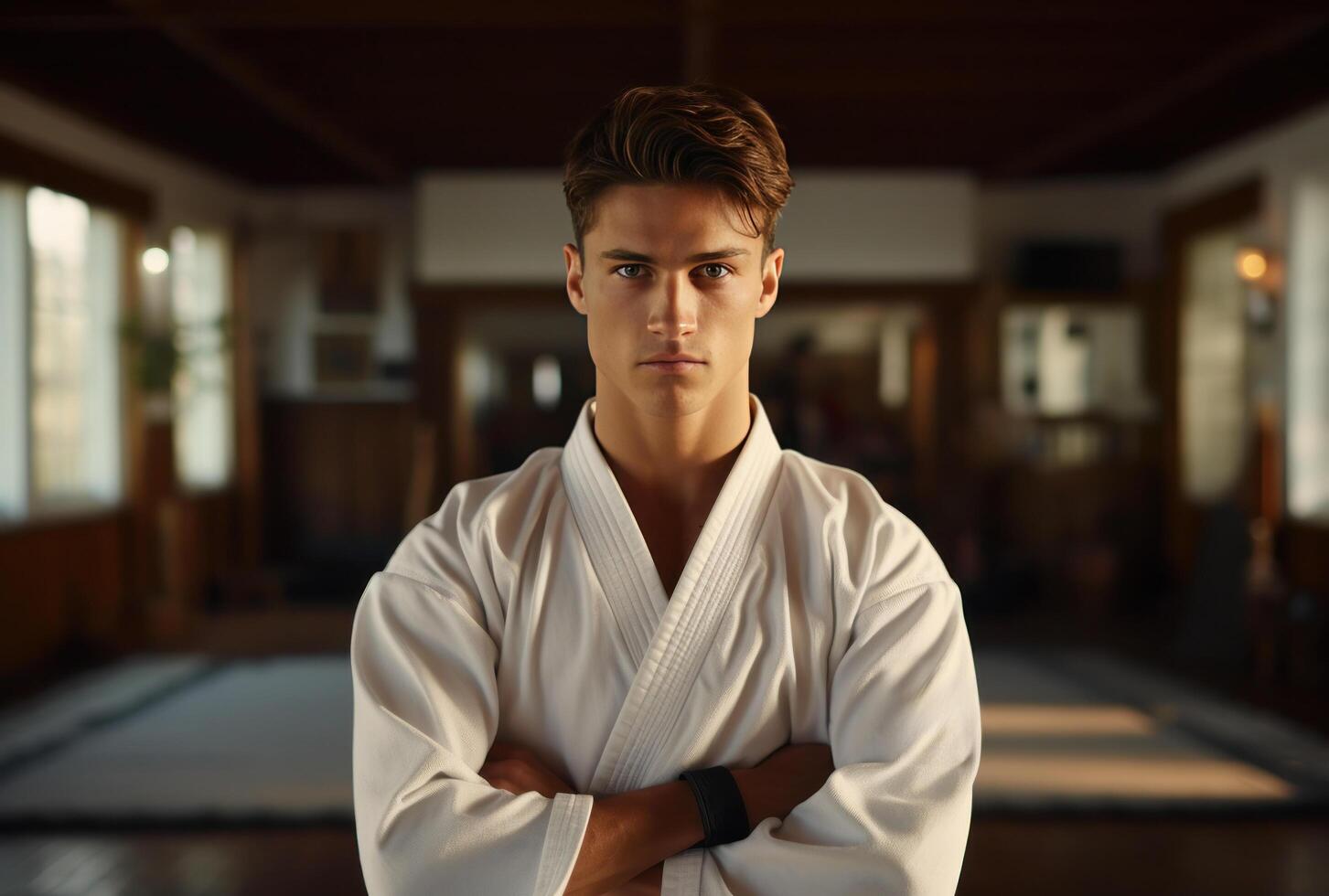 ai gegenereerd karate instructeur opleiding video van een jong Mens opleiding in krijgshaftig kunst foto