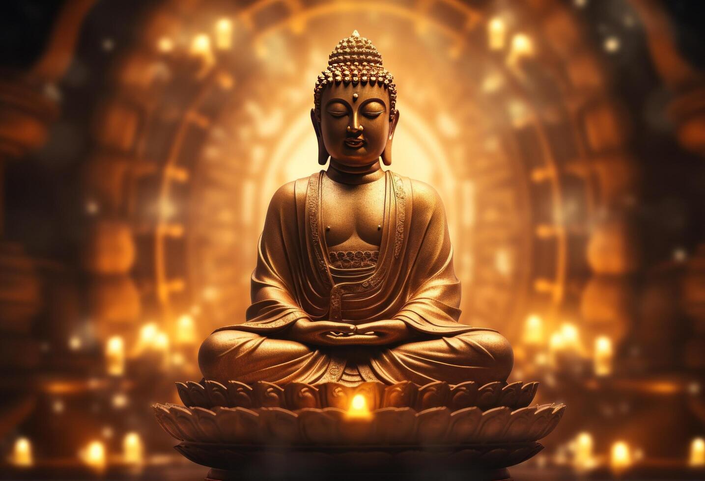 ai gegenereerd de gouden Boeddha in een meditatie positie foto