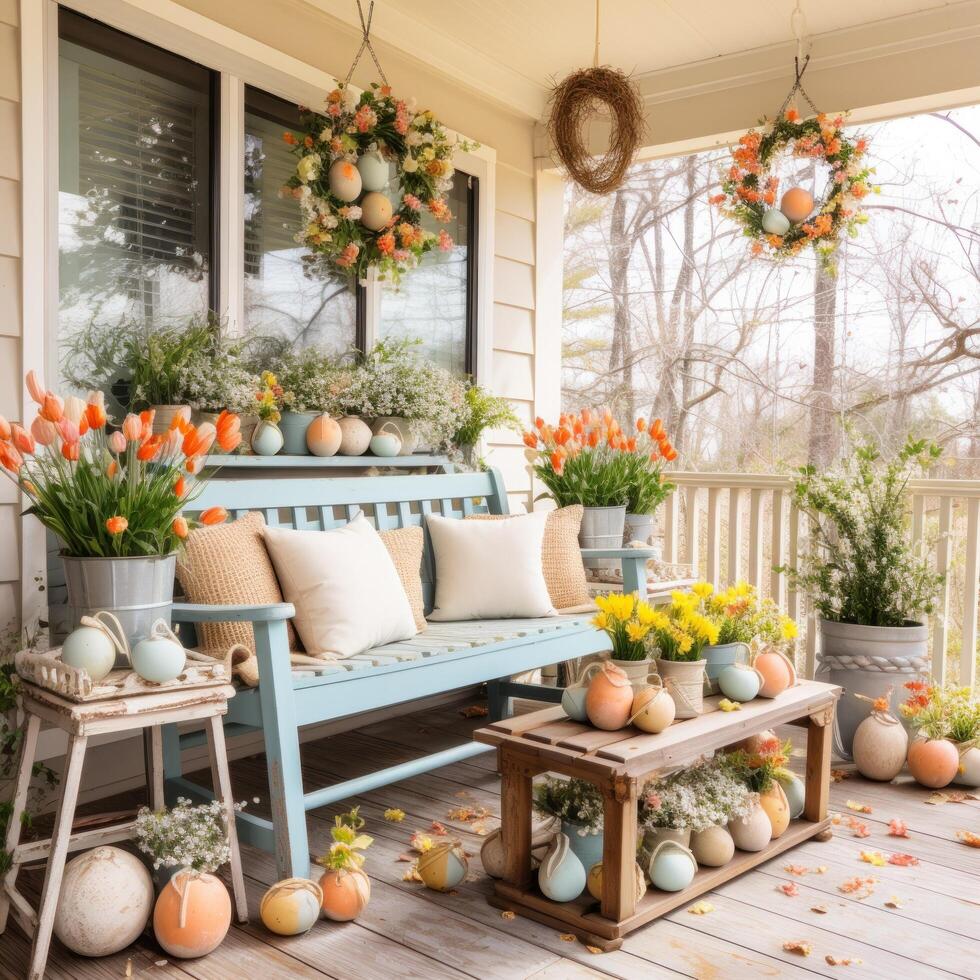 ai gegenereerd vreemd land veranda versierd met hand geschilderd houten Pasen tekens foto