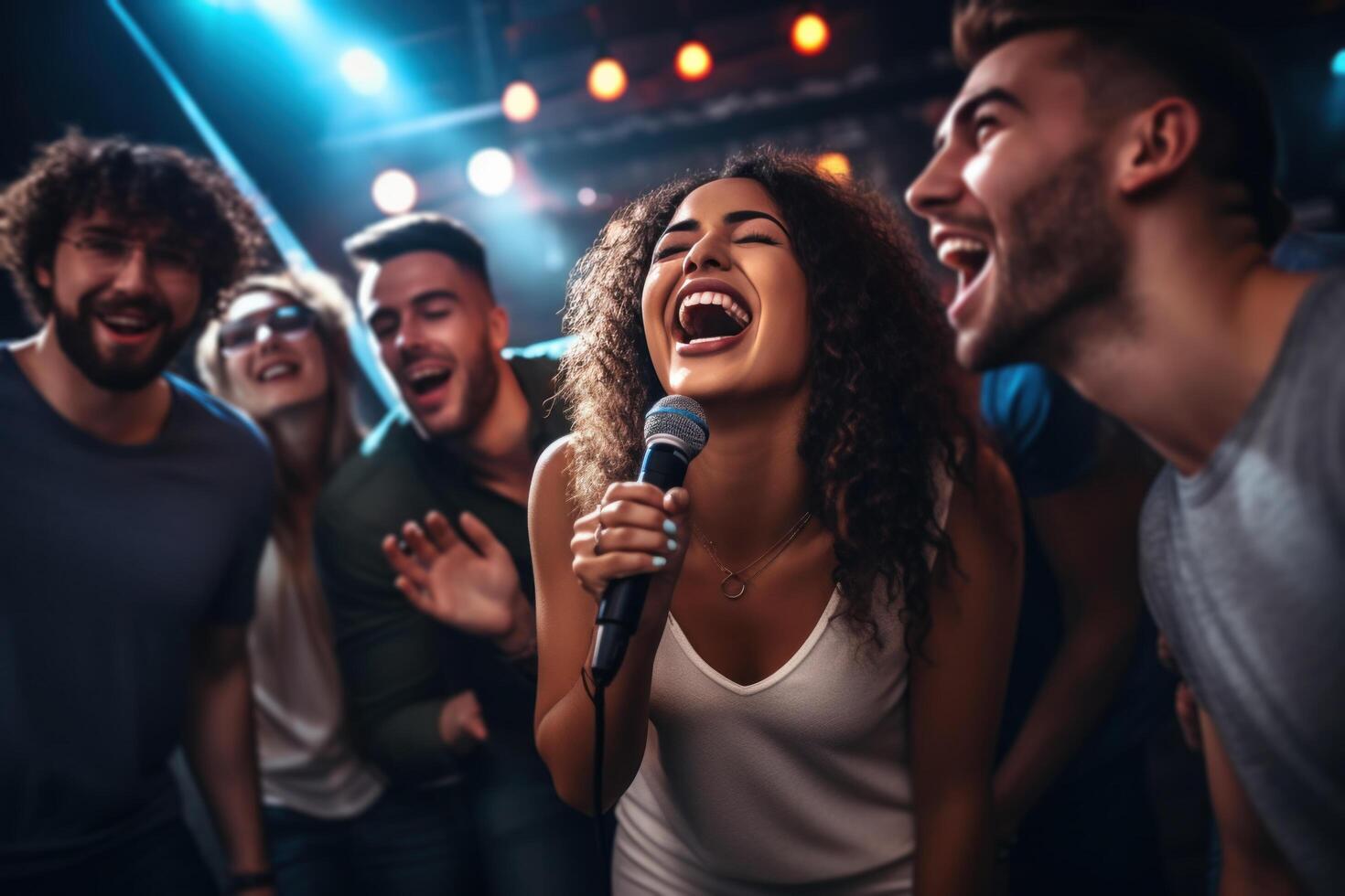 ai gegenereerd een groep van vrienden het zingen in een bar foto