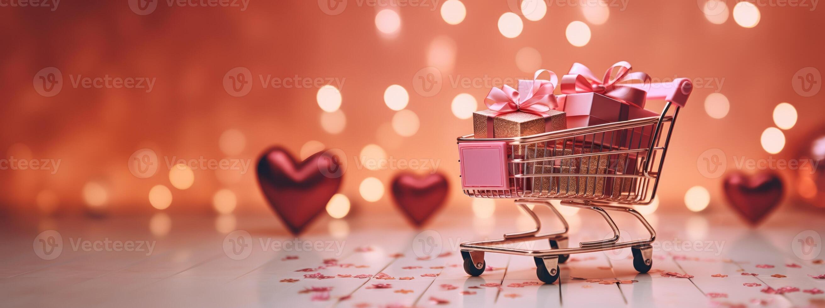 ai gegenereerd generatief ai, gouden en roze boodschappen doen kar met veel geschenk dozen Aan roze achtergrond, Valentijn dag concept, korting en uitverkoop. foto