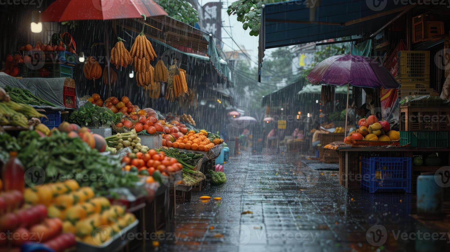 ai gegenereerd generatief ai, traditioneel oosters Aziatisch markt met fruit en groenten onder de regen met paraplu's foto