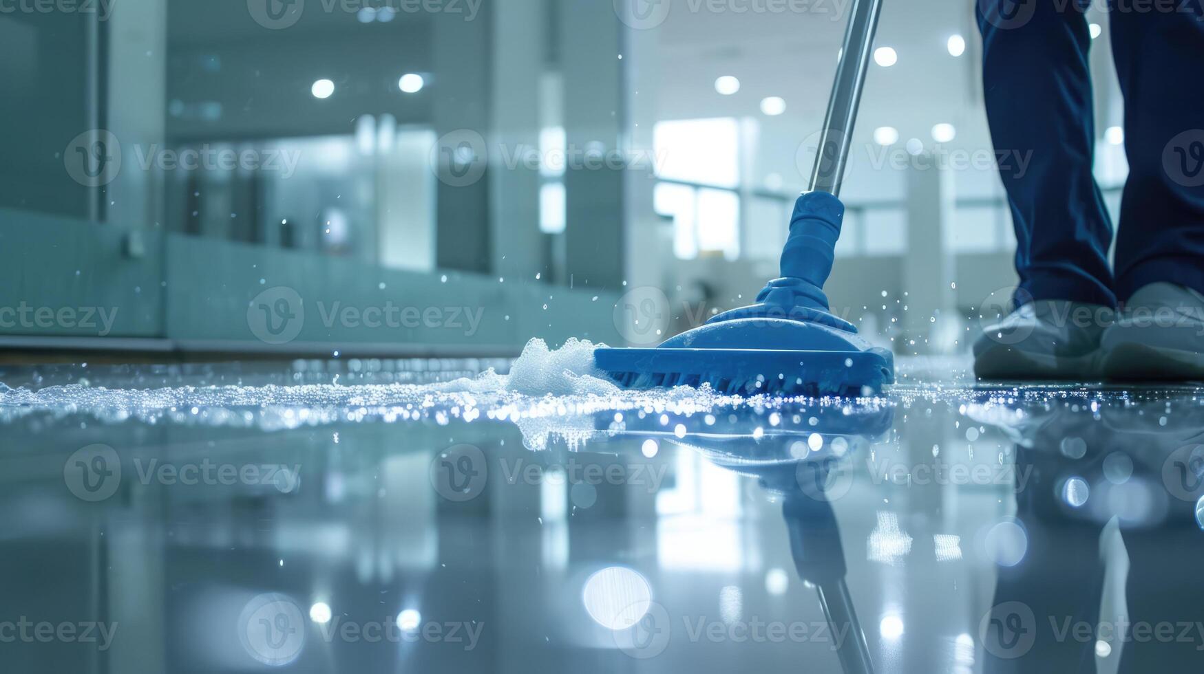 ai gegenereerd generatief ai, huishouding, schoonmaak, persoon met een dweilen naar schoon de vloer. kantoor of huiselijk arbeider, schoonmaakster en huisvrouw foto