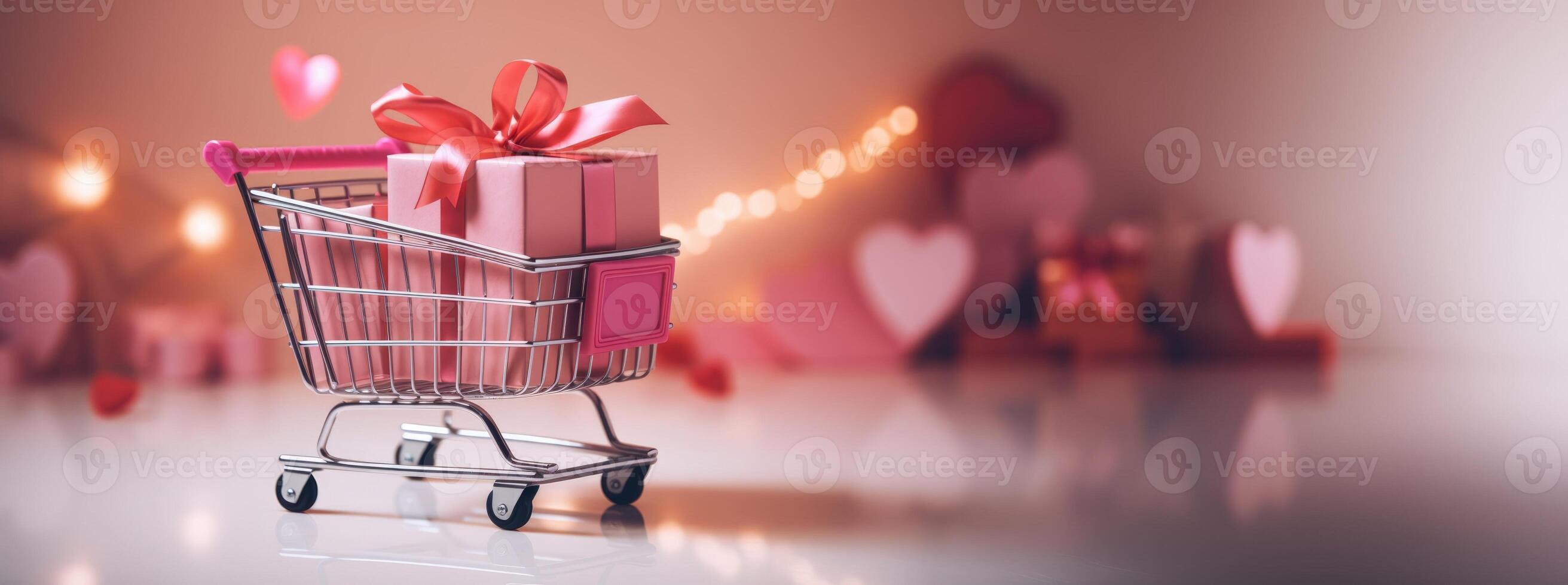 ai gegenereerd generatief ai, gouden en roze boodschappen doen kar met veel geschenk dozen Aan roze achtergrond, Valentijn dag concept, korting en uitverkoop. foto