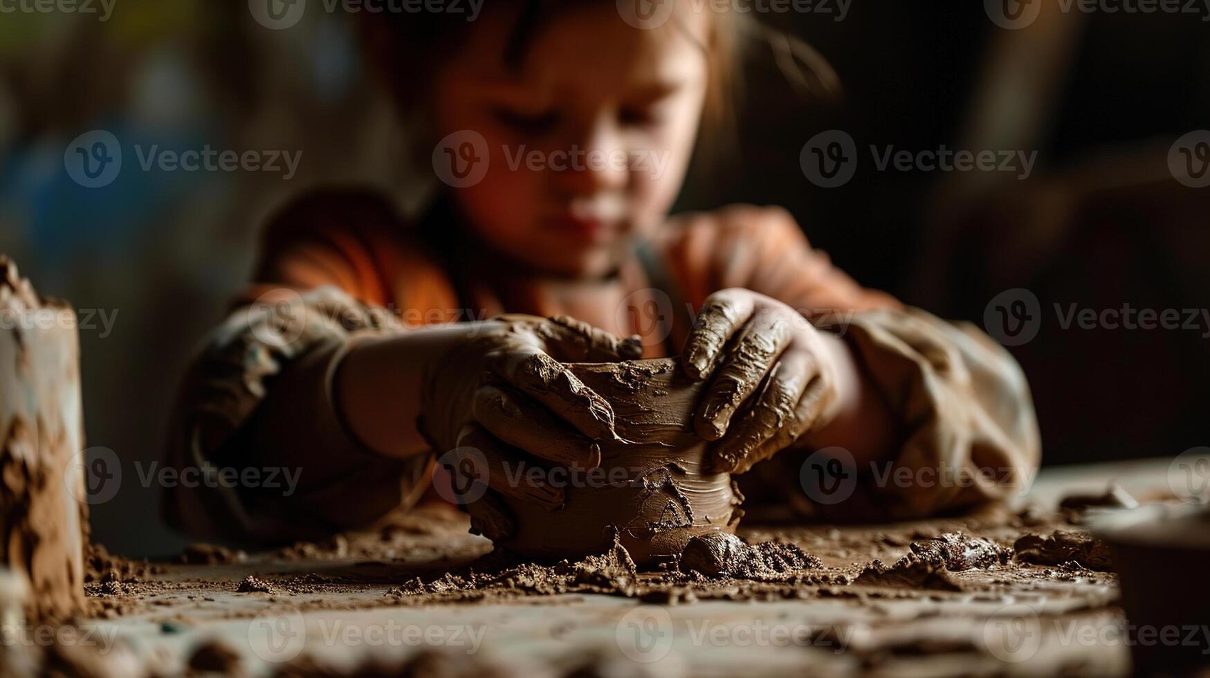 ai gegenereerd generatief ai, kind handen met klei maken van een keramisch pot in de pottenbakkerij werkplaats studio, hobby en vrije tijd concept foto