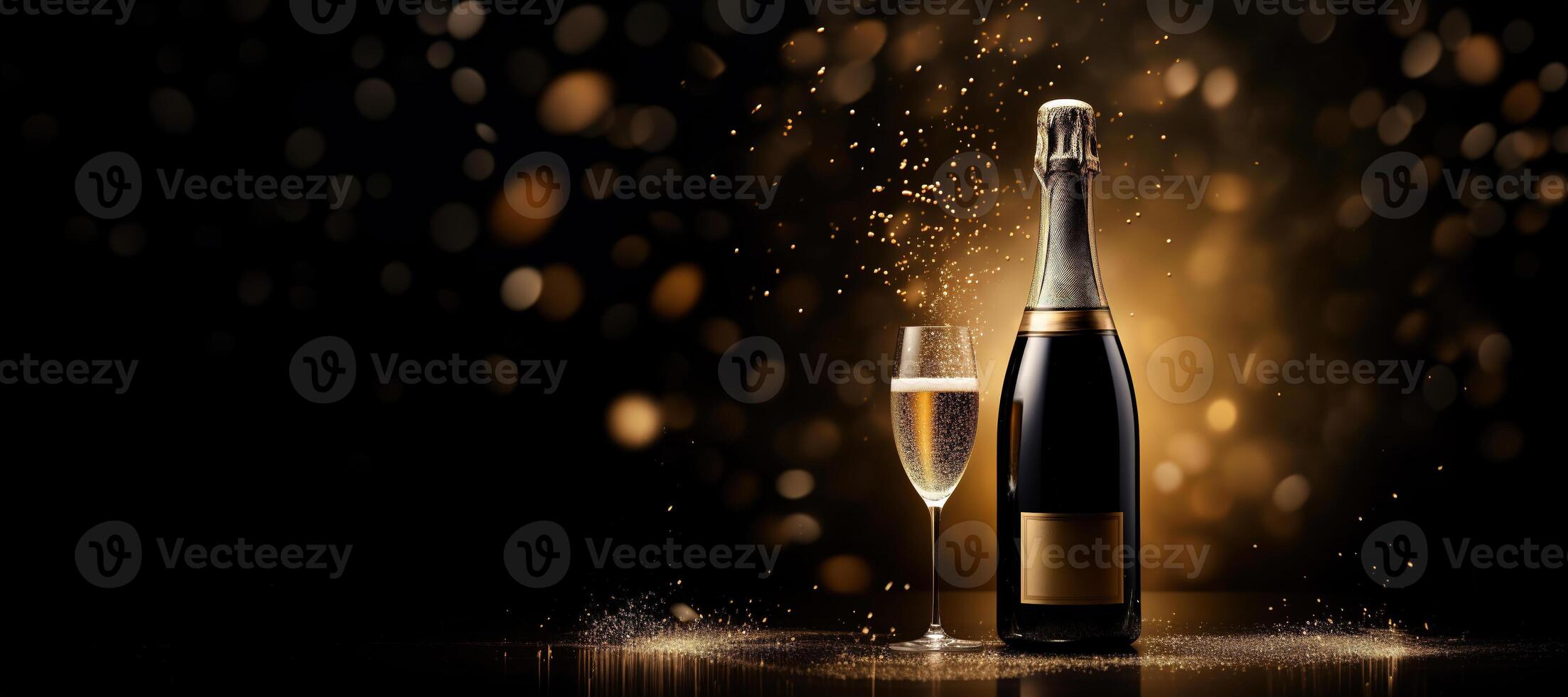 ai gegenereerd generatief ai, gouden Champagne fles mockup met glas Aan donker achtergrond, gouden lichten en confetti foto