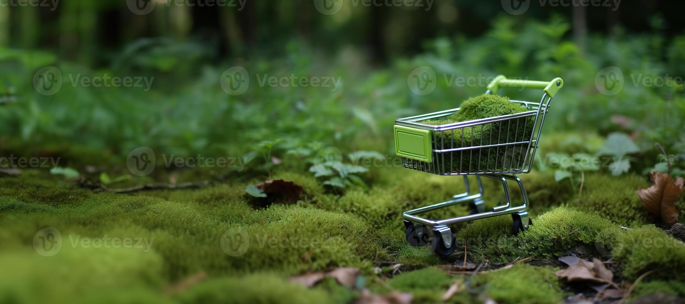 ai gegenereerd generatief ai, boodschappen doen kar Aan gras en mos achtergrond, milieu concept, shopaholisme, ecologie concept. duurzame levensstijl, bewust consumptie foto