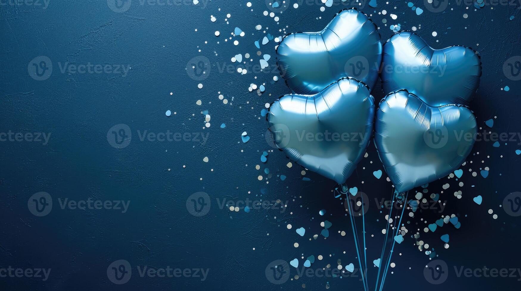 ai gegenereerd generatief ai, folie blauw ballonnen in hart vorm en confetti voor Valentijnsdag dag of bruiloft met kopiëren ruimte foto