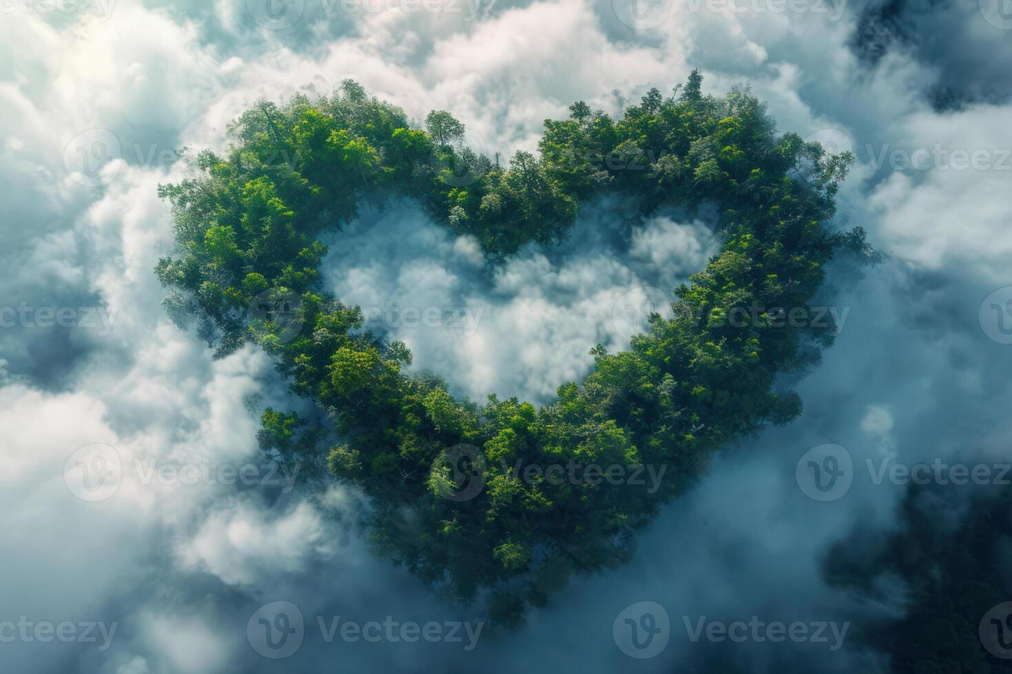 ai gegenereerd generatief ai, groen Woud met hart vorm geven aan, mooi landschap met wit wolken, milieu liefde planeet concept foto