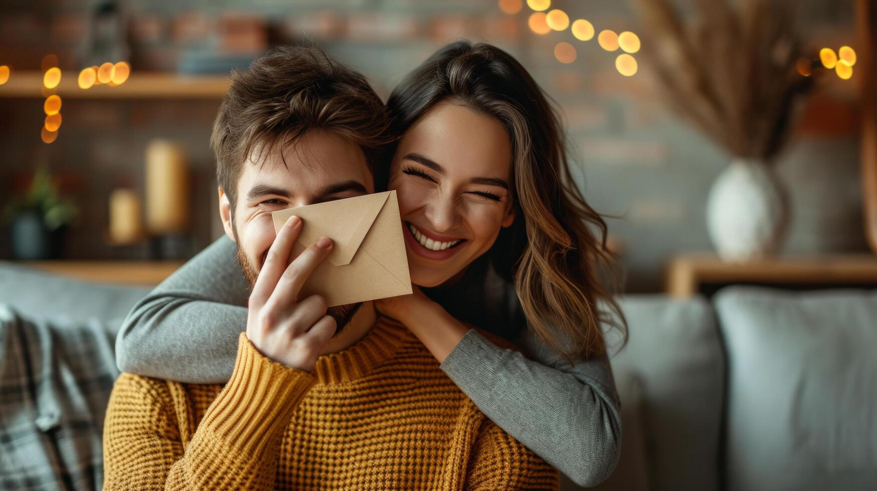 ai gegenereerd een mooi vrouw geeft een groet kaart naar haar geliefde manin de leven kamer van de huis foto