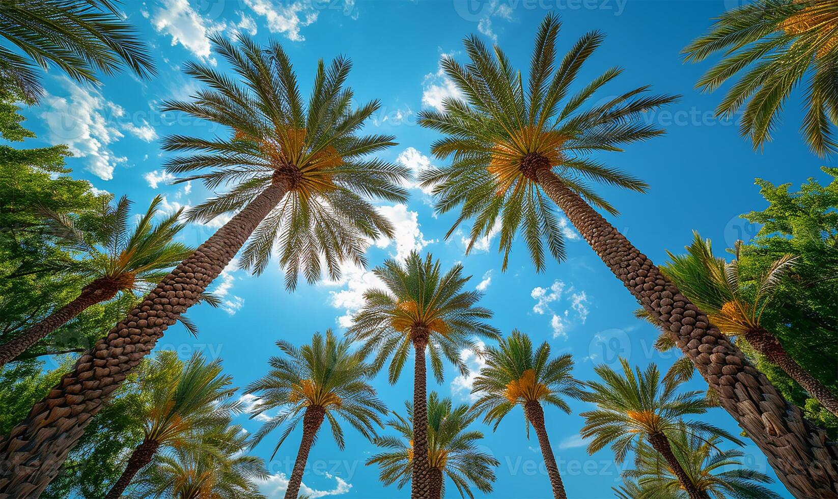 ai gegenereerd majestueus datum palmen bereiken naar de blauw lucht foto