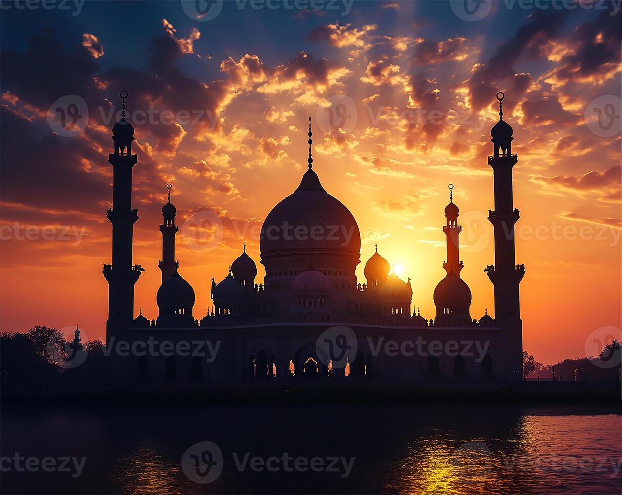 ai gegenereerd silhouet van een moskee in schemering foto