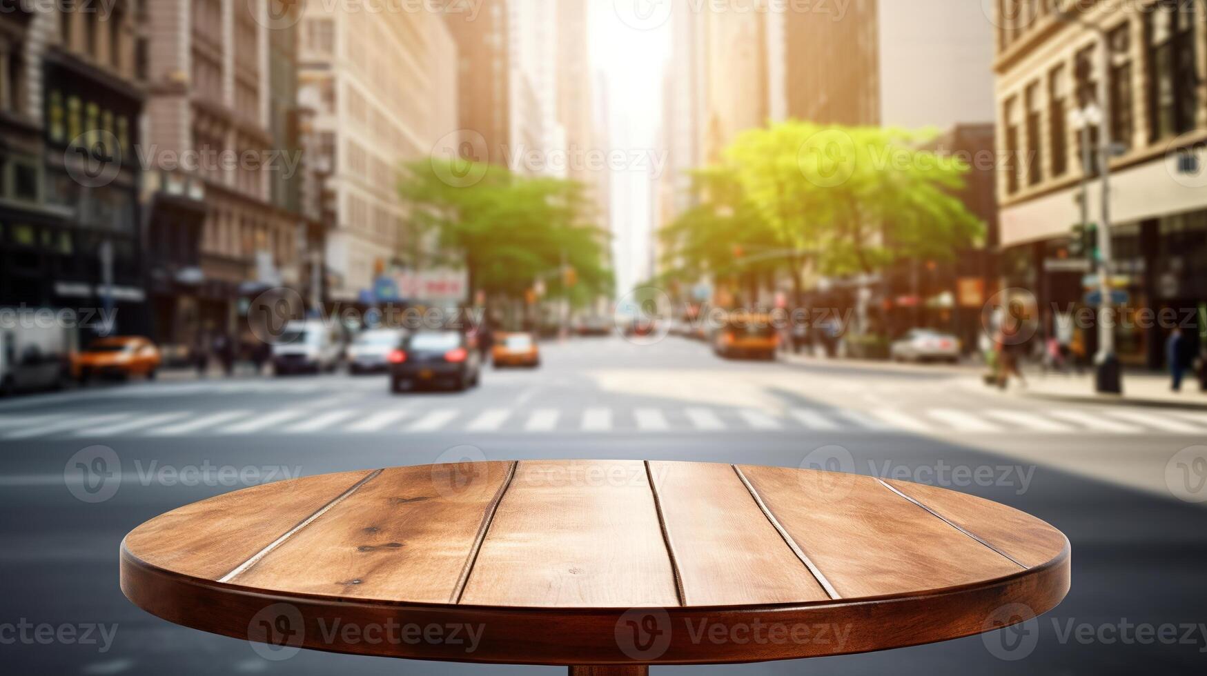 ai gegenereerd top hout tafel met vervagen achtergrond van de stad en weg. foto