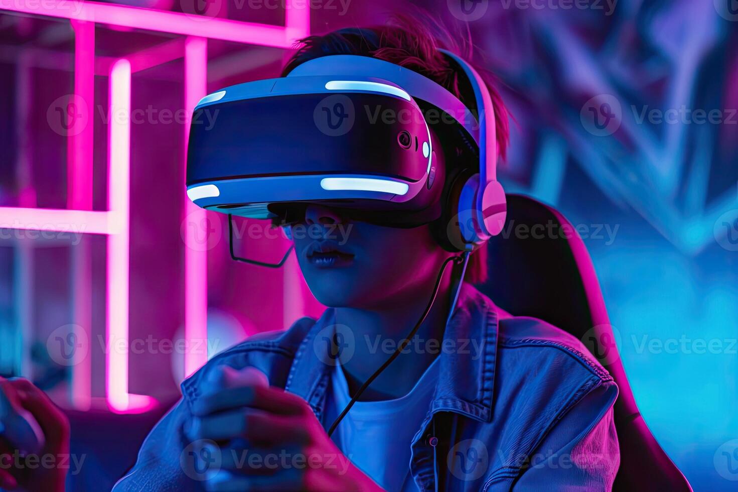 ai gegenereerd toekomst digitaal technologie spel en amusement, tiener hebben pret spelen in vr virtueel realiteit, futuristische neon kleur achtergrond foto