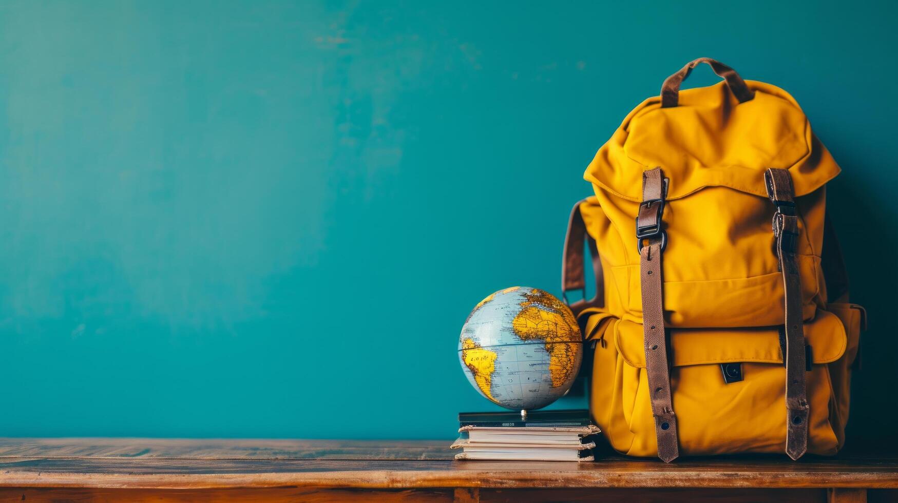 ai gegenereerd wereldbol, boeken en school- zak Aan minimalistische levendig achtergrond met kopiëren ruimte foto