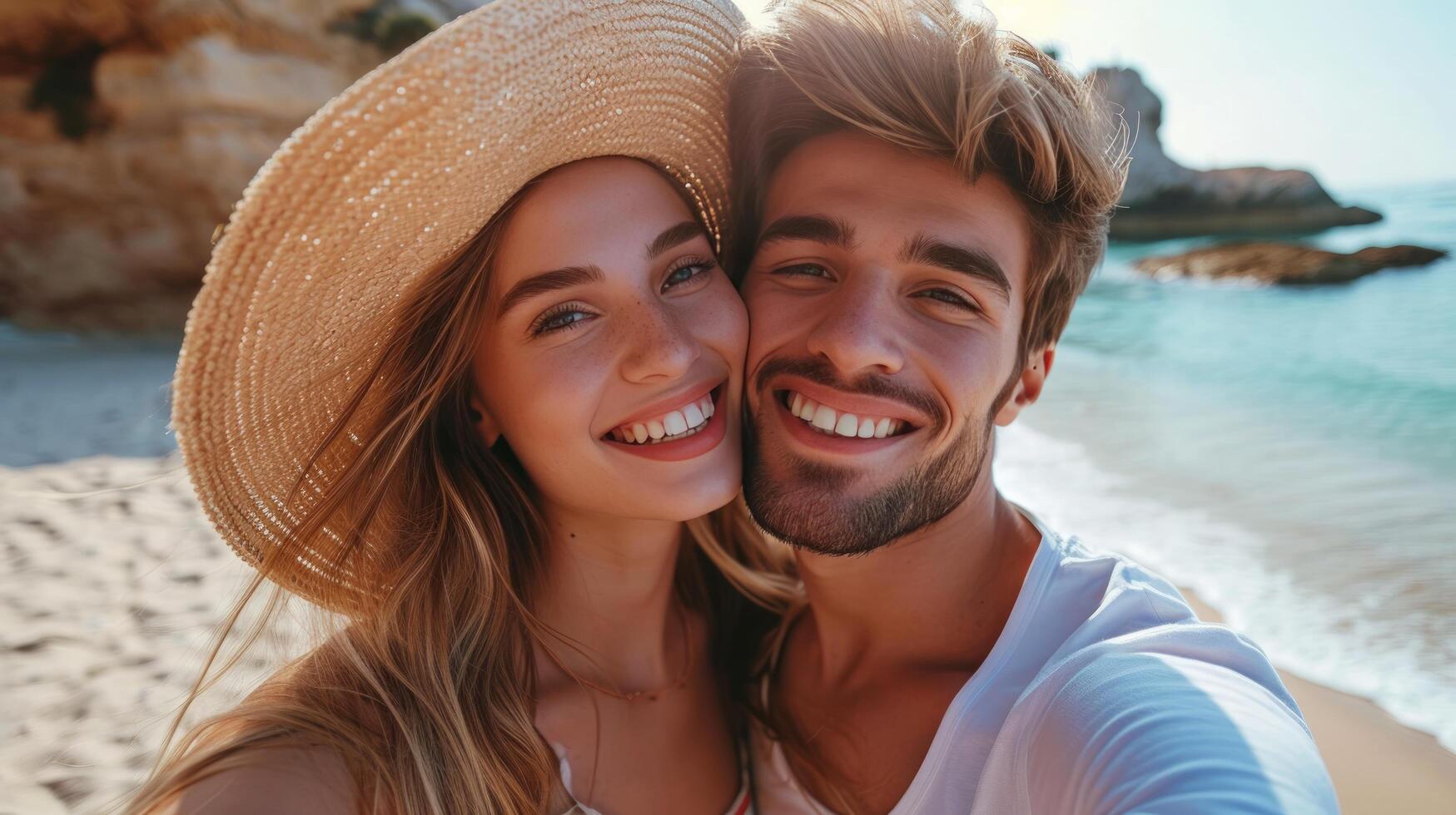 ai gegenereerd jong gelukkig Mens zoenen en knuffelen mooi vrouw terwijl nemen selfie foto Aan zonnig strand