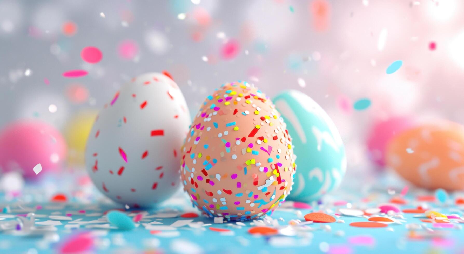 ai gegenereerd kleurrijk Pasen eieren Aan tafel en wit confetti achtergronden foto
