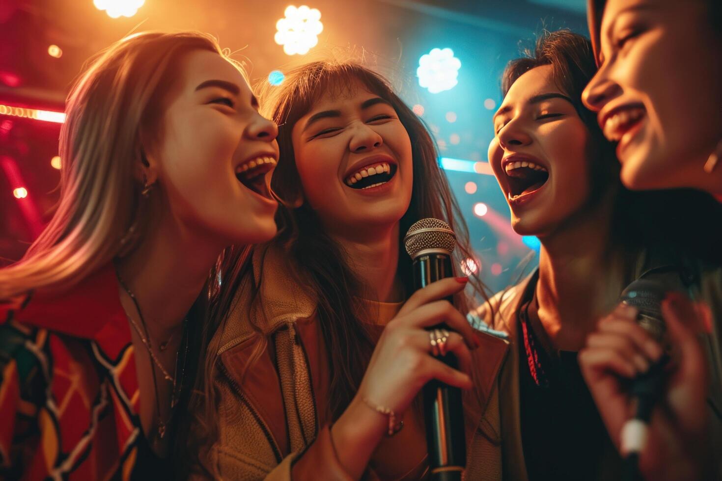 ai gegenereerd gelukkig karaoke groep Bij een club foto