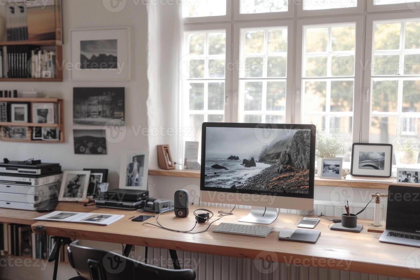 ai gegenereerd een freelancer werkplaats met een computer Bij huis foto