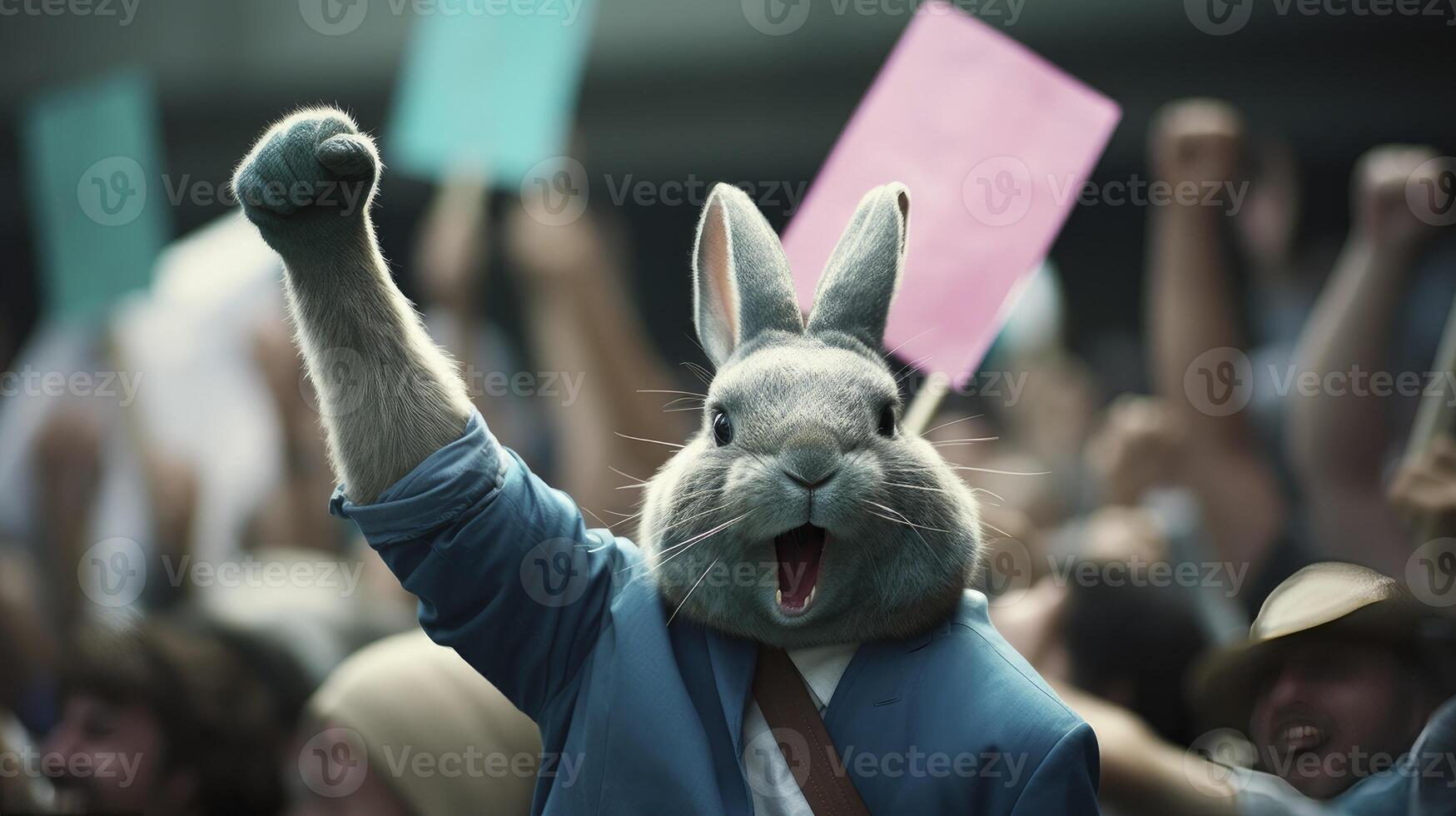 ai gegenereerd een konijn verhogen vuist omhoog voor zijn strijd in de straat foto