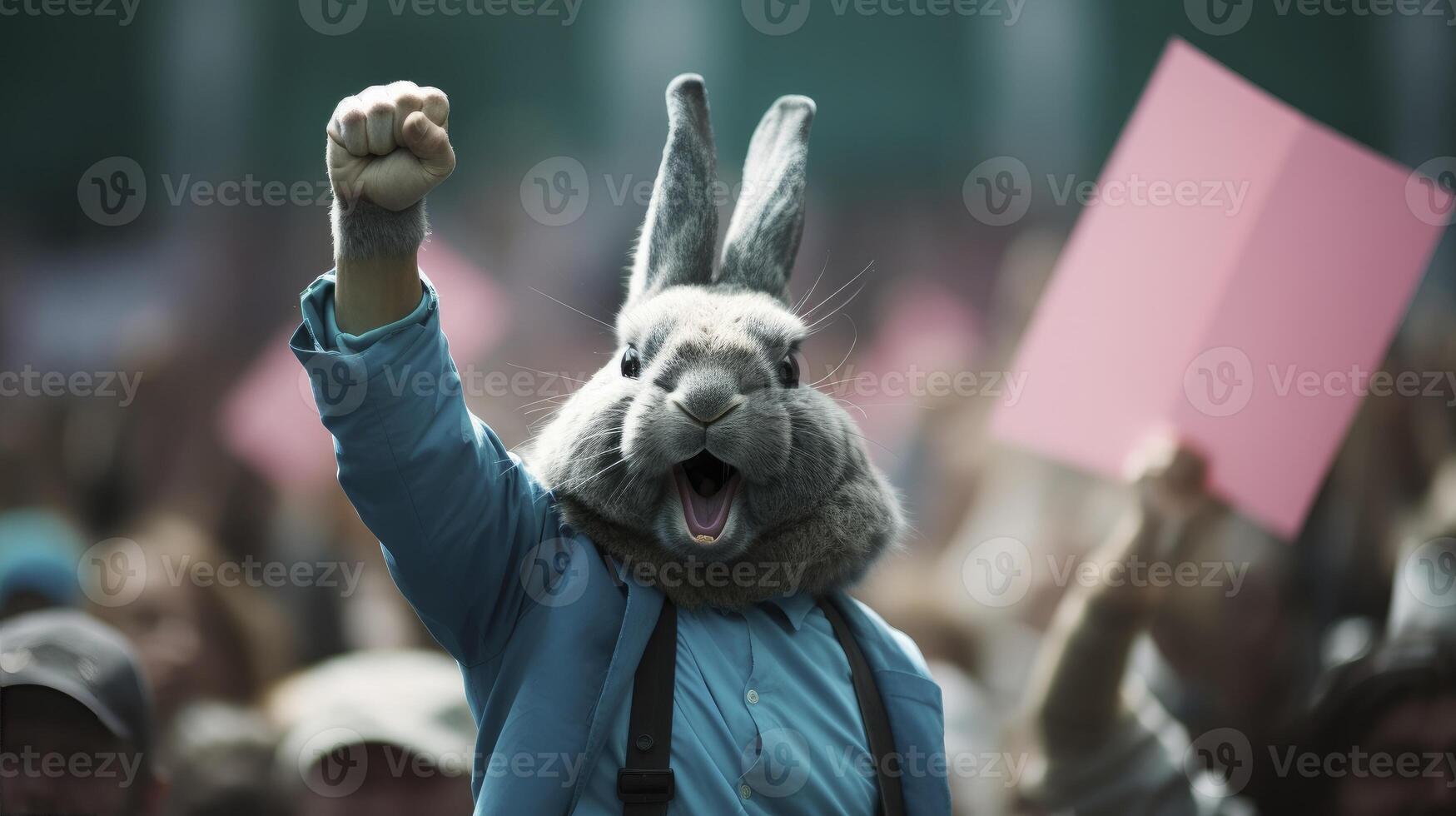 ai gegenereerd een konijn verhogen vuist omhoog voor zijn strijd in de straat foto
