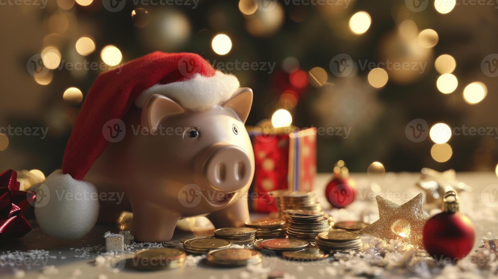 ai gegenereerd feestelijk varkentje bank met de kerstman hoed en geschenk munten viering foto