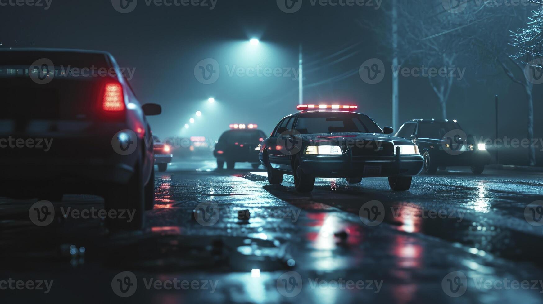 ai gegenereerd idee voor een actie film. Aan een mistig, donker achtergrond, Politie auto's en een miniatuur film zijn weergegeven. een 's nachts achtervolging door een Politie kruiser. ongeluk Bij de misdrijf tafereel foto